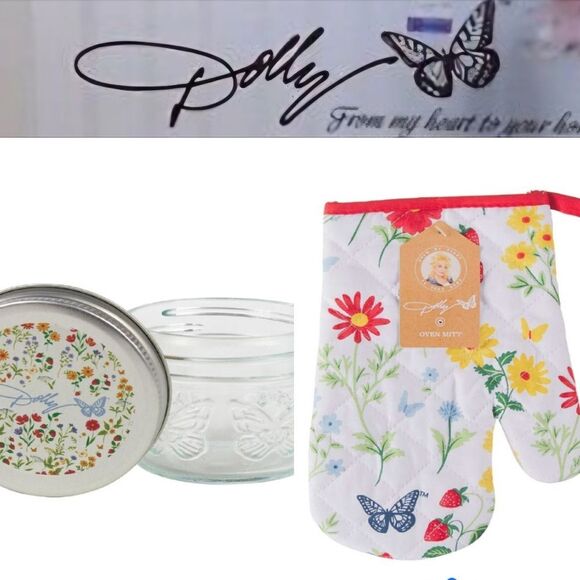 Dolly Parton Floral Strawberries Oven Mitt & Glass Jar Set - Picture 1 of 13